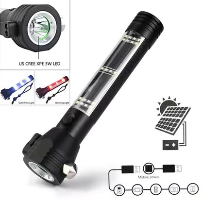Outdoor Survival USB Recharged Solar Powered Multi-Purpose 10-In-1 Tactical Flashlight Emergency Glass Breaker Camping Car Torch